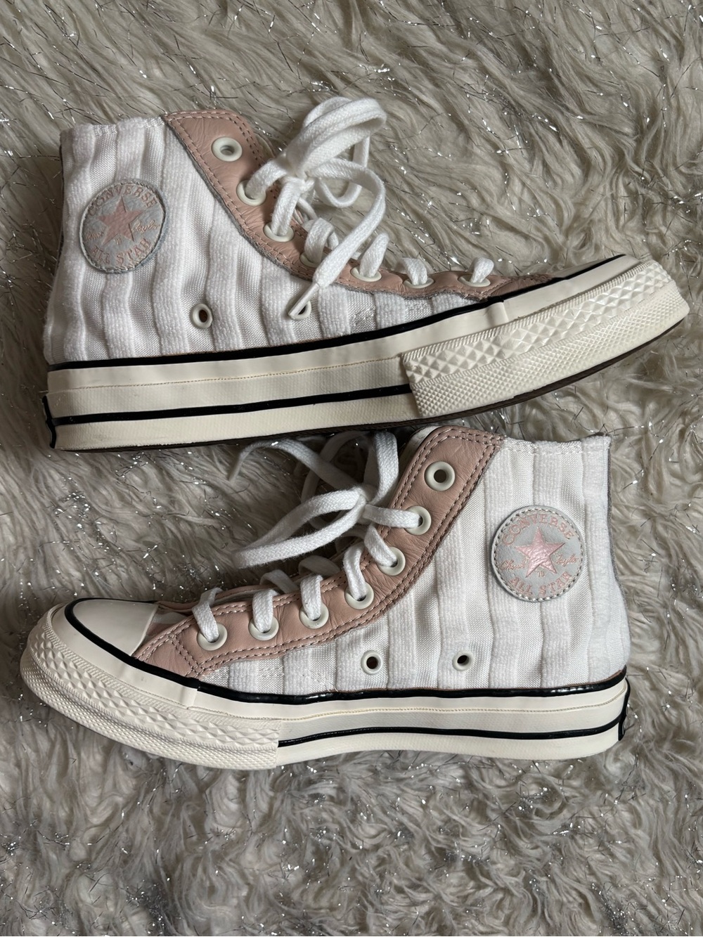 Converse White and Light Pink Women’s Chuck Striped High Top Sneakers Size 5.5US